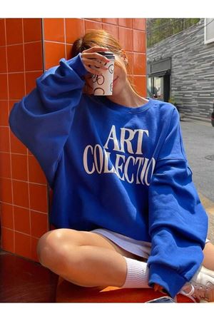 Art Collection Sweatshirt - Sax Mavi Baskılı Oversize Bisiklet Yaka