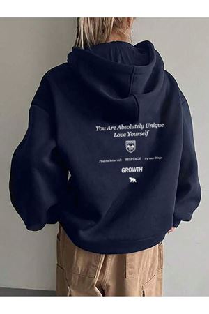 Growth Keep Calm Sweatshirt - Lacivert Baskılı Oversize Kalın Kışlık Kapüşonlu