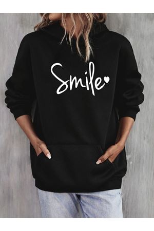 Smile Sweatshirt - Siyah Baskılı Oversize Kapüşonlu