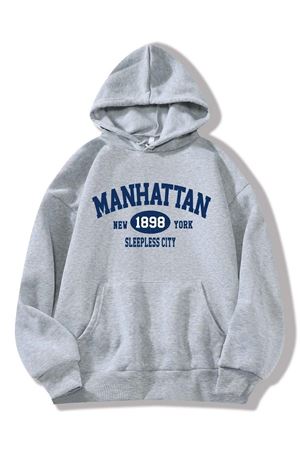 Manhattan Sweatshirt - Gri Baskılı Oversize Kapüşonlu