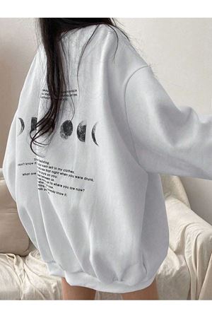 Moon Phases Afraid Kışlık Kalın Sweatshirt - Beyaz Baskılı Oversize Kalın Kışlık Bisiklet Yaka