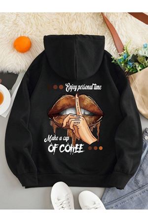 Of Coffee Lips Sweatshirt - Siyah Baskılı Oversize Kalın Kışlık Kapüşonlu