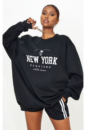 New York Downtown Sweatshirt - Siyah Baskılı Oversize Bisiklet Yaka