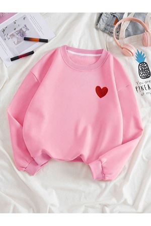 Kırmızı Minimal Kalp Sweatshirt - Pembe Baskılı Oversize Kalın Kışlık Bisiklet Yaka