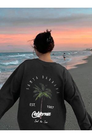 Santa Barbara Kışlık Kalın Sweatshirt - Siyah Baskılı Oversize Kalın Kışlık Bisiklet Yaka