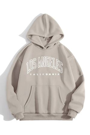 Los Angeles California Sweatshirt - Bej Baskılı Oversize Kapüşonlu
