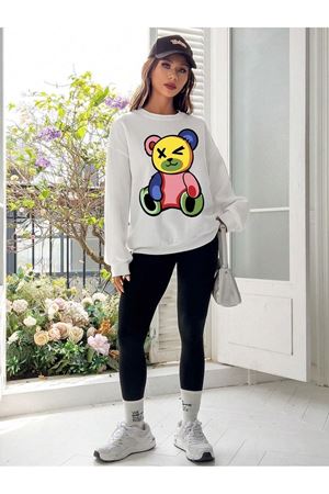 Renkli Ayı Sweatshirt - Beyaz Baskılı Oversize Bisiklet Yaka