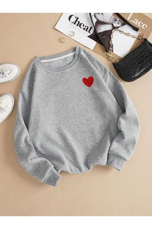 Kırmızı Minimal Kalp Sweatshirt - Gri Baskılı Oversize Kalın Kışlık Bisiklet Yaka