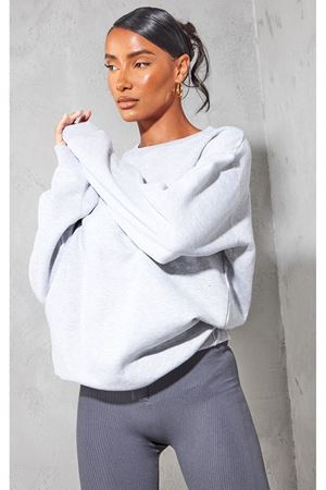 Düz Basic Sweatshirt - Gri Uzun Kol Oversize Bisiklet Yaka