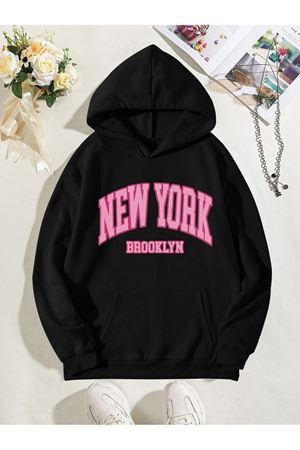 New York Brooklyn FFCBDB Sweatshirt - Siyah Baskılı Oversize Kapüşonlu