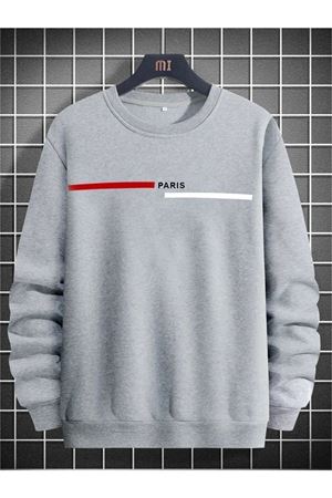 Paris Çizgili Sweatshirt - Gri Baskılı Oversize Bisiklet Yaka