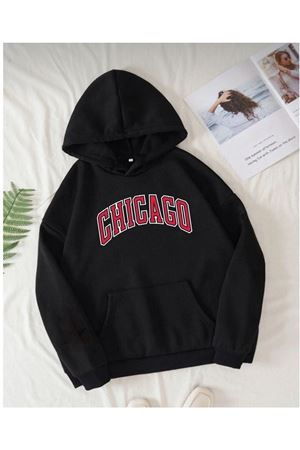 Chicago Yazı Sweatshirt - Siyah Baskılı Oversize Kapüşonlu