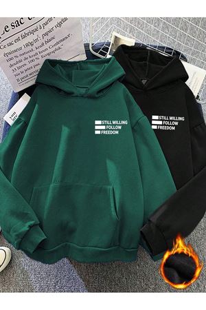 2'Li Still Freedom Kalın Kışlık Sweatshirt - Siyah Nefti Yeşil Baskılı Oversize Kapüşonlu