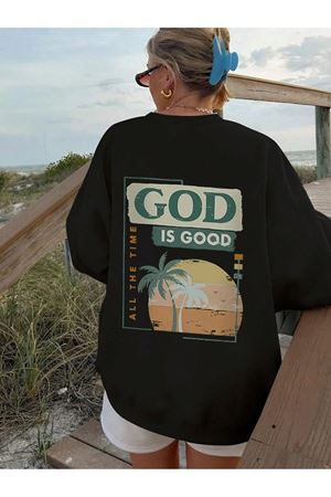 God Is Good Kışlık Kalın Sweatshirt - Siyah Baskılı Oversize Kalın Kışlık Bisiklet Yaka