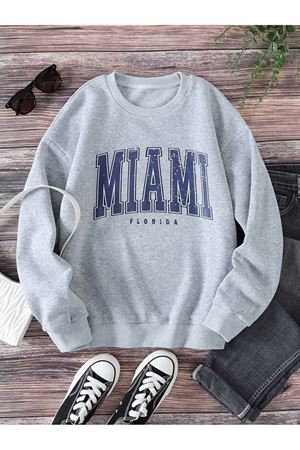 Miami Florida Sweatshirt - Gri Baskılı Oversize Bisiklet Yaka