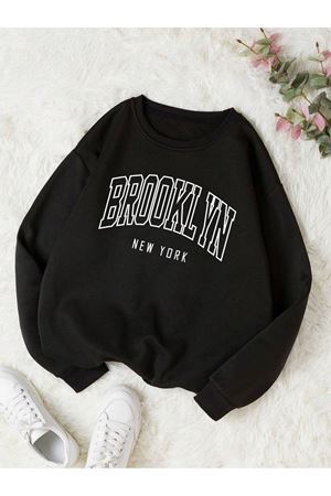 Brooklyn New York Sweatshirt - Siyah Baskılı Oversize Bisiklet Yaka