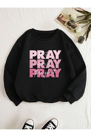 Pray Sweatshirt - Siyah Baskılı Oversize Bisiklet Yaka