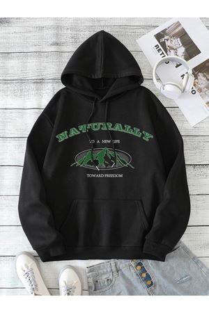 Naturally Dağ Sweatshirt - Siyah Baskılı Oversize Kapüşonlu