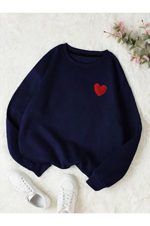Kırmızı Minimal Kalp Sweatshirt - Lacivert Baskılı Oversize Kalın Kışlık Bisiklet Yaka