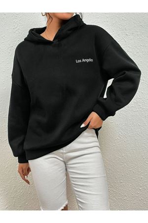 Los Angeles Minimal Sweatshirt - Siyah Baskılı Oversize Kapüşonlu