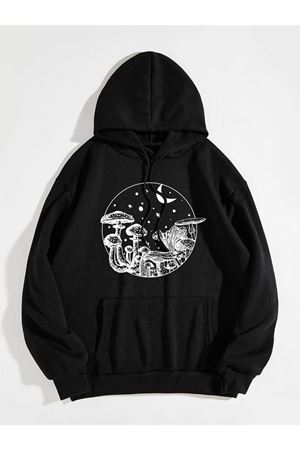 Mushroom Night Sweatshirt - Siyah Baskılı Oversize Kapüşonlu