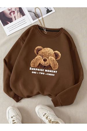 Surprise Bear Sweatshirt - Kahverengi Baskılı Oversize Kalın Kışlık Bisiklet Yaka
