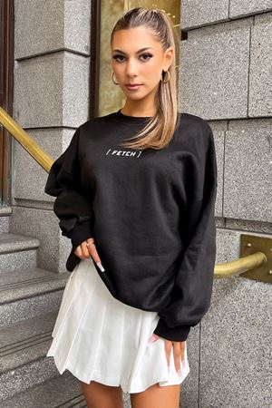 Fetch Tasarım Sweatshirt - Siyah Baskılı Oversize Bisiklet Yaka