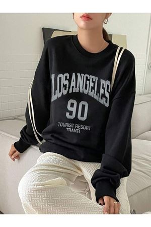 Los Angeles 90 Sweatshirt - Siyah Baskılı Oversize Bisiklet Yaka
