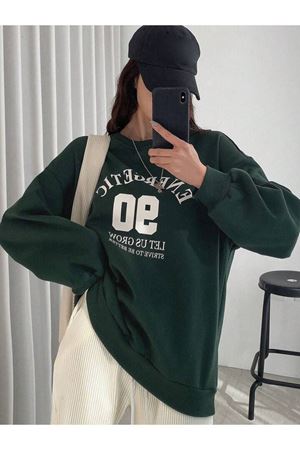 90 Energetic Sweatshirt - Yeşil Baskılı Oversize Kalın Kışlık Bisiklet Yaka