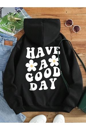 Papatya Good Day Sweatshirt - Siyah Baskılı Oversize Kalın Kışlık Kapüşonlu