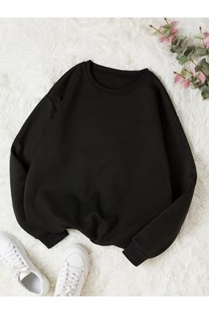 Baskısız Düz Sweatshirt - Siyah Kalın Kışlık Şardonlu Uzun Kol Oversize Bisiklet Yaka