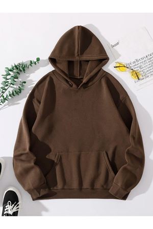 Düz Basic Sweatshirt - Kahverengi Oversize Kapüşonlu
