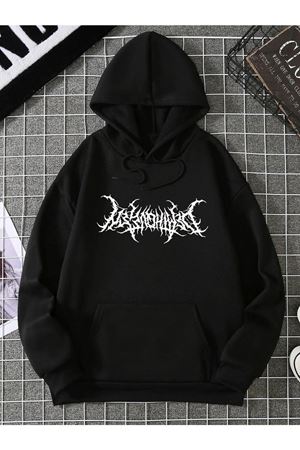 Punk Sweatshirt - Siyah Baskılı Oversize Kapüşonlu
