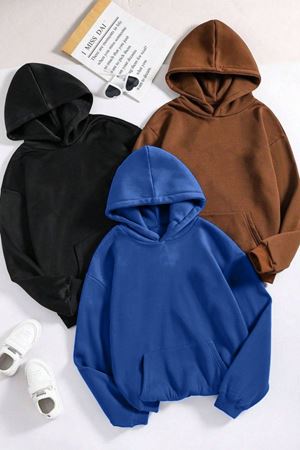 3'Lü Düz Basic Kalın Kışlık Sweatshirt - Siyah Kahverengi Sax Mavi Oversize Kapüşonlu