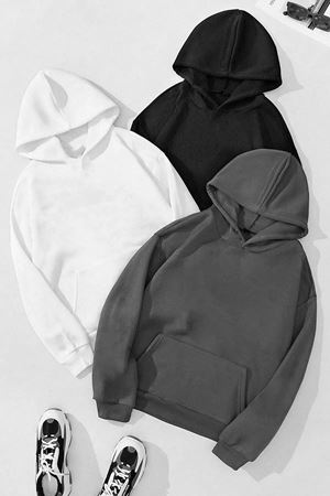3'Lü Düz Basic Kalın Kışlık Sweatshirt - Siyah Beyaz Füme Oversize Kapüşonlu