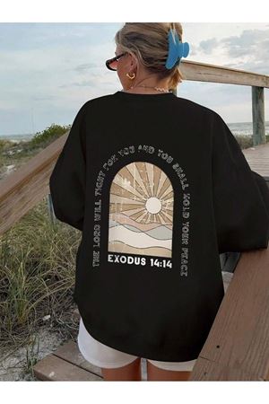 Exodus 14:14 Kışlık Kalın Sweatshirt - Siyah Baskılı Oversize Kalın Kışlık Bisiklet Yaka