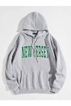 New Jersey Sweatshirt - Gri Baskılı Oversize Kapüşonlu