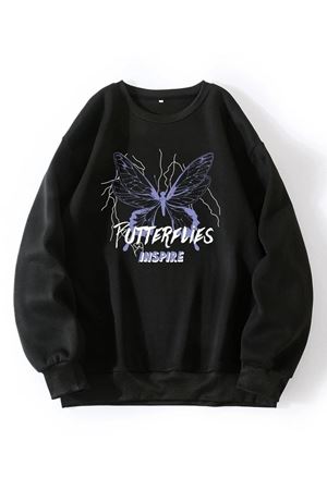 Butterflies Insipire Sweatshirt - Siyah Baskılı Oversize Bisiklet Yaka