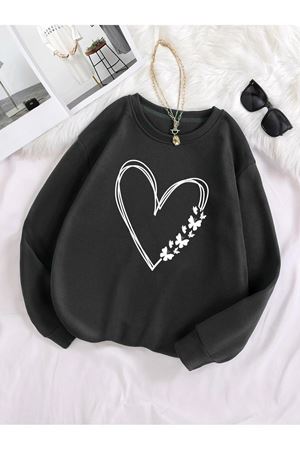 Kelebekli Kalp Desen Sweatshirt - Siyah Baskılı Oversize Kalın Kışlık Bisiklet Yaka