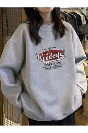 Wooderful 1985 Kışlık Kalın Sweatshirt - Gri Baskılı Oversize Kalın Kışlık Bisiklet Yaka