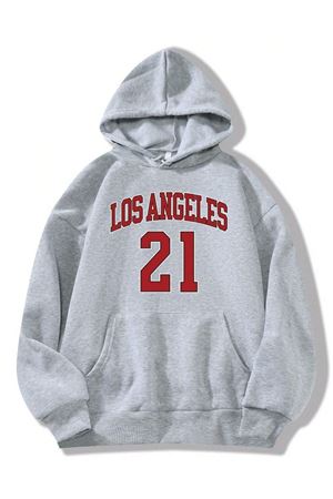 Los Angeles 21 Sweatshirt - Gri Baskılı Oversize Kapüşonlu