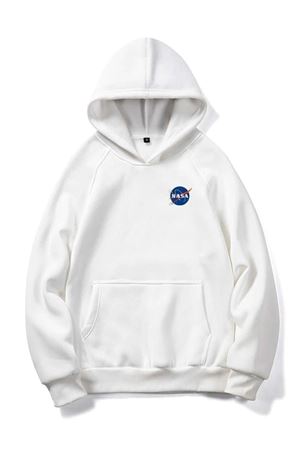 Nasa Logo Sweatshirt - Beyaz Baskılı Oversize Kapüşonlu