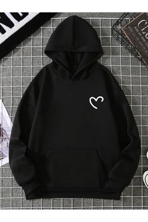 Yarım Kalp Sweatshirt - Siyah Baskılı Oversize Kapüşonlu