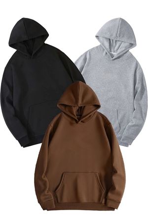 3'Lü Düz Basic Kalın Kışlık Sweatshirt - Siyah Gri Kahverengi Oversize Kapüşonlu
