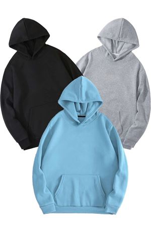 3'Lü Düz Basic Kalın Kışlık Sweatshirt - Siyah Gri Bebe Mavisi Oversize Kapüşonlu