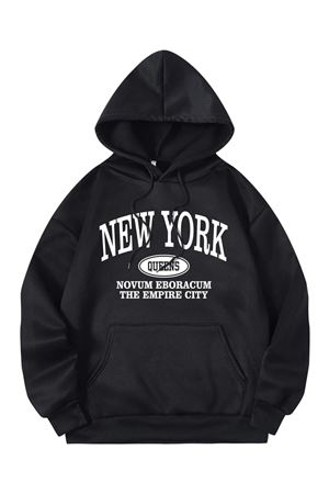 New York Queens Sweatshirt - Siyah Baskılı Oversize Kapüşonlu