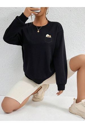 Cep Tasarım Papatya Desen Sweatshirt - Siyah Baskılı Oversize Kalın Kışlık Bisiklet Yaka