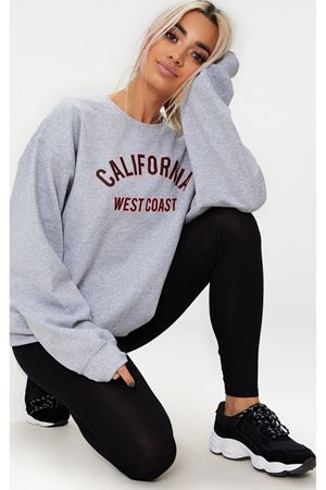 California West Coast Letter Sweatshirt - Gri Baskılı Oversize Bisiklet Yaka