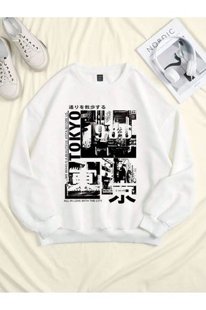 Tokyo 1986 Sweatshirt - Beyaz Baskılı Oversize Bisiklet Yaka