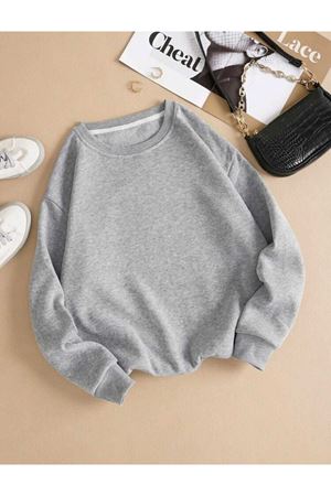 Baskısız Düz Sweatshirt - Gri Kalın Kışlık Şardonlu Uzun Kol Oversize Bisiklet Yaka